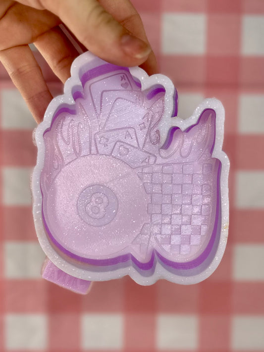 Checkered spade, eight balls, cards