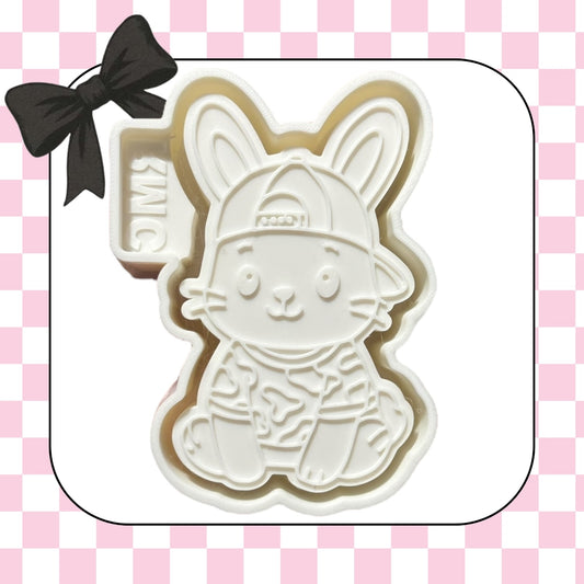 Bunny with camo shirt and hat